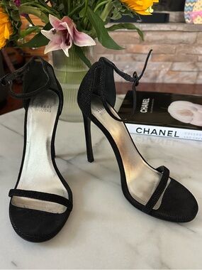 Stuart Weitzman Black Ankle-Strap Stiletto Sandals with Single Toe Band
